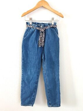Zara Girls Paper Bag Jeans Floral Tie Belt Size 4/5